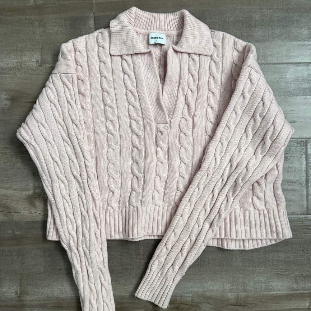 Sunday Best Aritzia Pink Cable Knit Sweater Cropped Vneck Polo